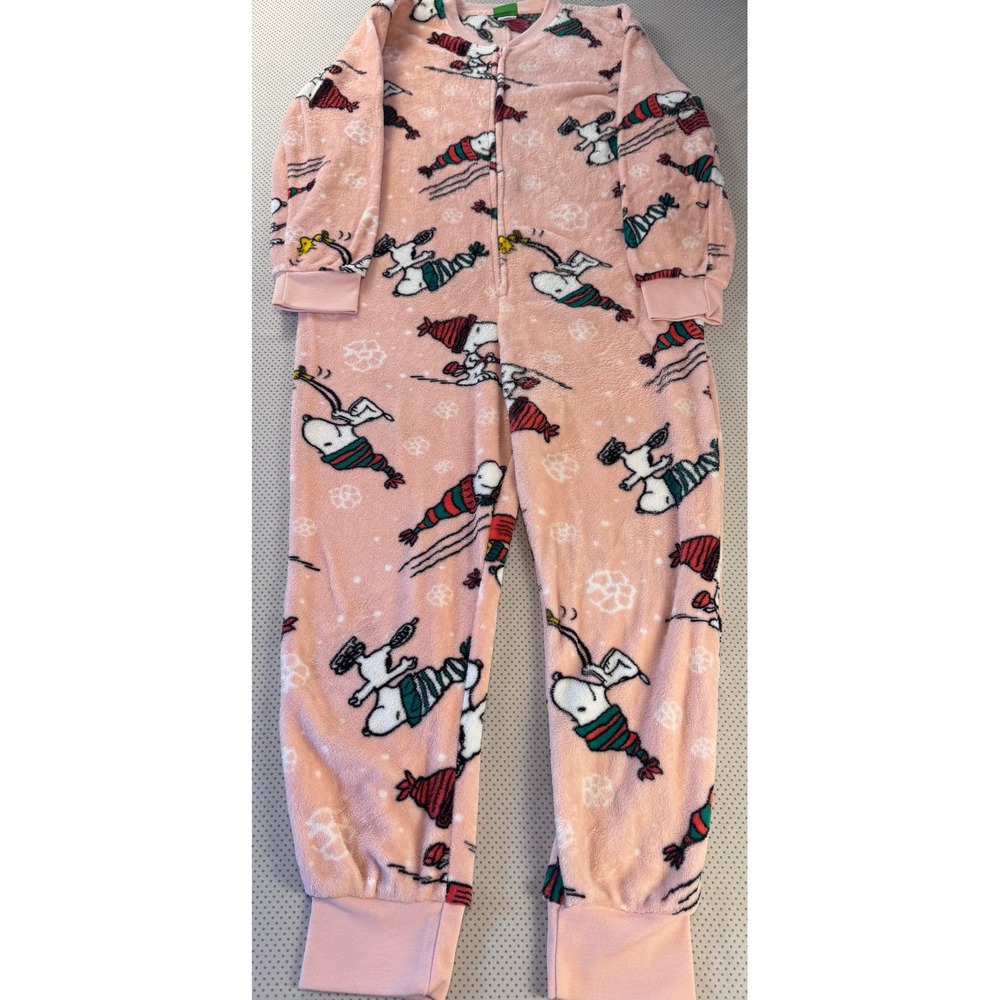 Peanuts Snoopy Pink Fleece Pajama Jumpsuit One Piece Size Large Holiday